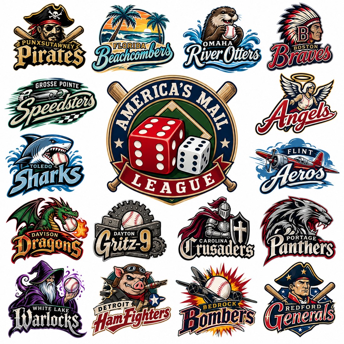 America's Mail League crest, surrounded by the club marks of all sixteen teams
